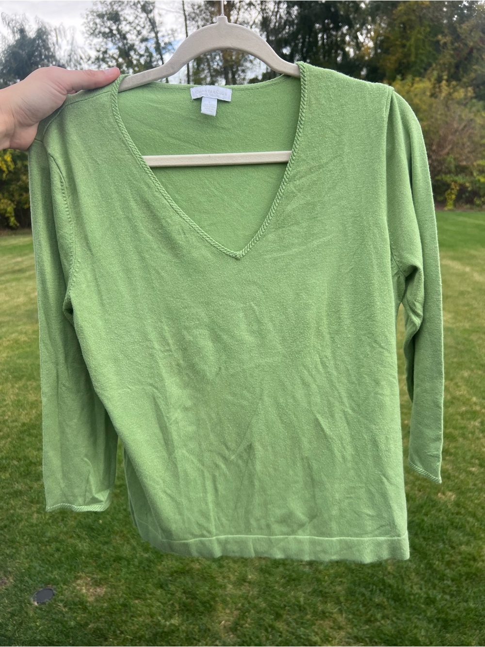 Charter Club Sage Green V-Neck 3/4 Sleeve Knit Sweater Top Large